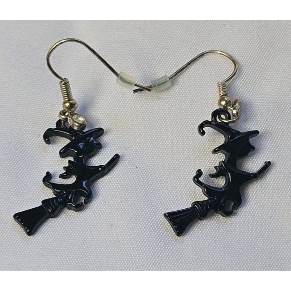 Dangle Earrings Black Silhouette of a Witch Riding a Broom Halloween